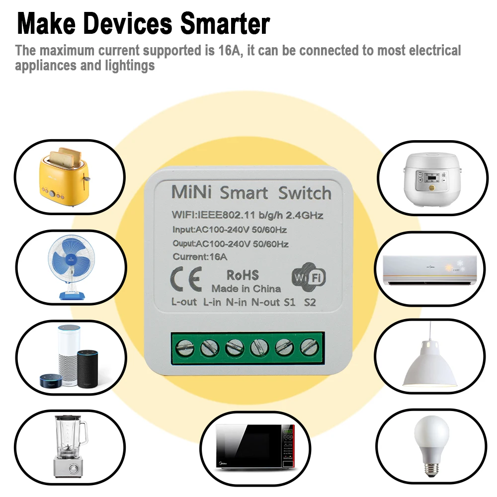 Tuya Mini 16A WiFi Switch Smart Life App 2 Way Control Smart Home Automation Module Interruptor Work for Alexa Google Home