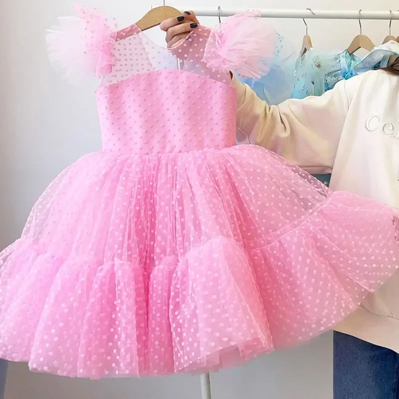 Vestido de fiesta de cumpleaños para niña, traje de princesa con lunares, de 3 a 10 años, elegante