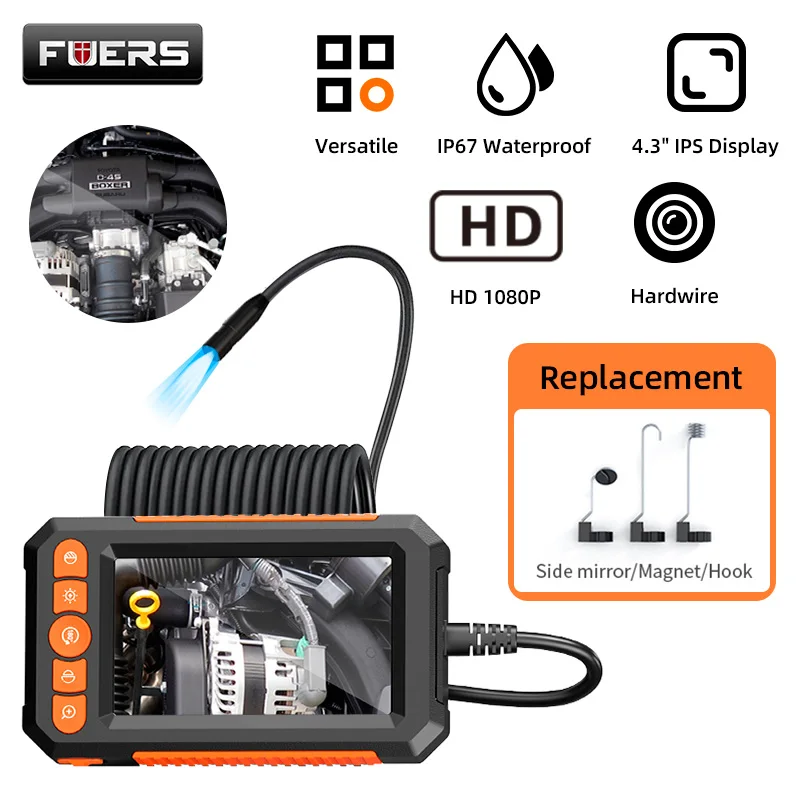 Fuers Industrial Endoscope 4.3 IPS Screen Pipe Sewer Camera Waterproof Inspection Borescope IP67 Monitor 1080P Car Repair LEDS