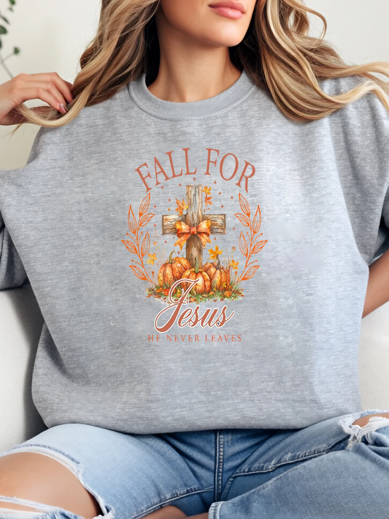 

Осень для Иисуса Крест Тыква Осенний Дизайнерский Толстовка Женская Повседневная Осенний Сезон Серый Плюс Размер