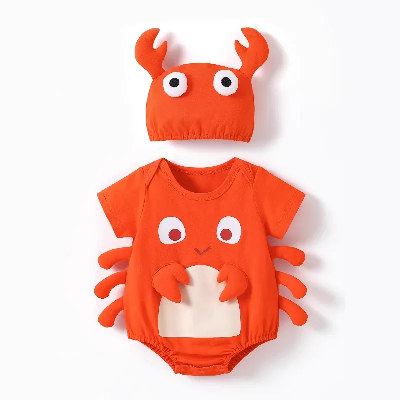 Newborn Baby Crab Romper Short Sleeve Bodysuit Cartoon Onesie Toddler Summer Outfit Animal Jumpsuit Hat Unisex Cotton Playsuit
