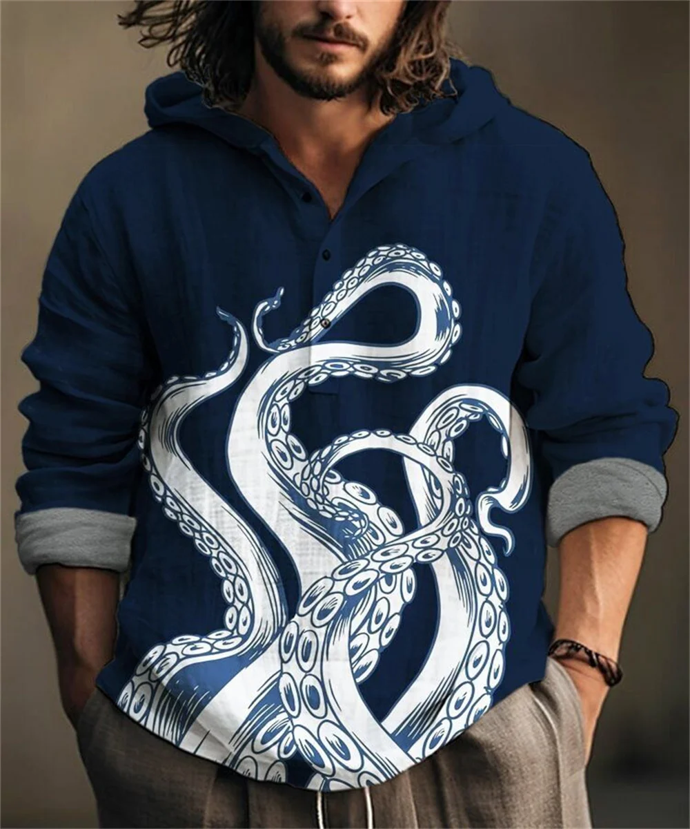 Fashion Spring and Autumn Japanese Art Ink 3D Printed Octopus Shirt Men's Linen Hooded Long Sleeve Pullover Top