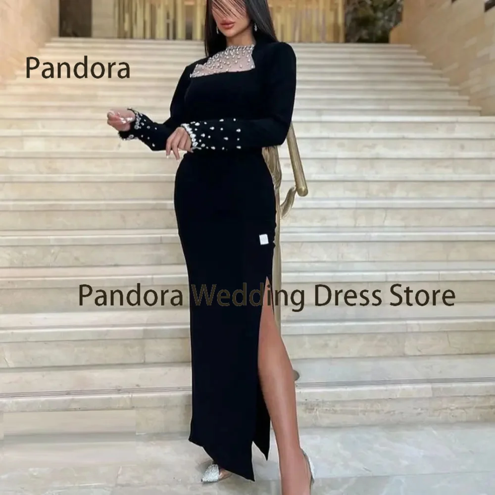 

Pandora Women's long formal evening gown with high neck full sleeve and floor slit Crystal Mermaid birthday wedding party dress