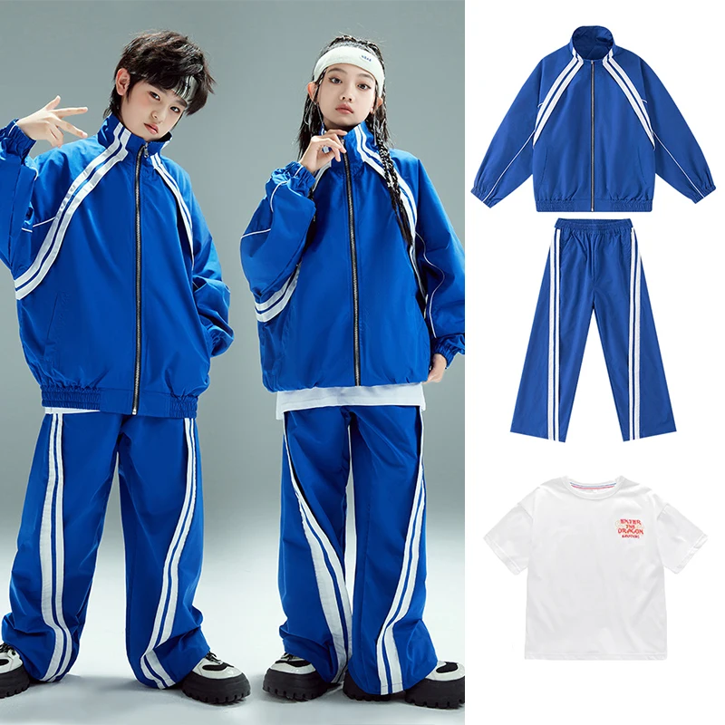 

Blue Boy's Jazz Dance Costume Girl's Hip Hop Dancing Performance Outfits Childrens Street Kpop Stage Show Set Coat Pants XH1331