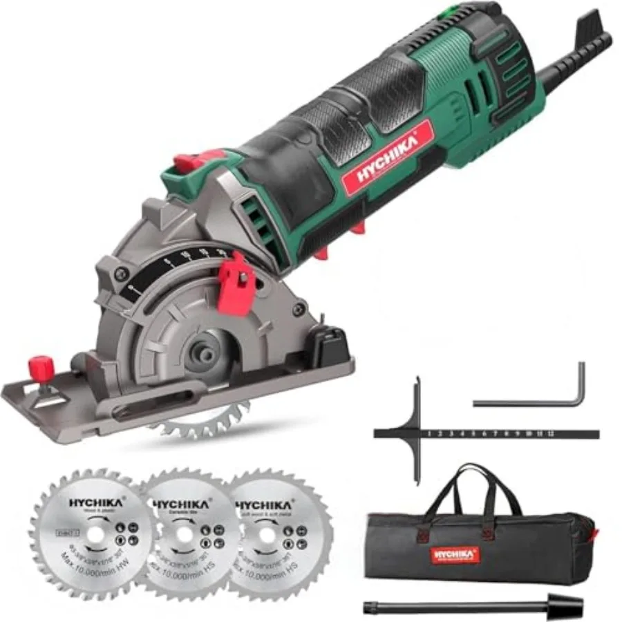 

HYCHIKA Mini Circular Saw Compact with 3 Blades 4A Pure Copper Motor Scale Ruler 3-3/8"4500RPM Ideal for Wood Soft Metal and Pl