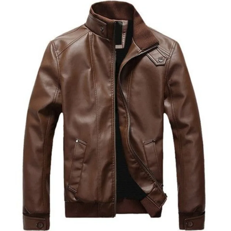 

Luxury Spring Autumn Leather Jacket Men Zip Stand Up Collar Pocket Biker Jacket Slim PU Leather Coat Windproof Outerwear Black