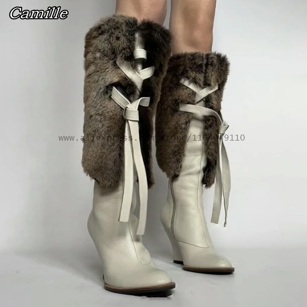 

Fur Short Plush Front Lace Up Wedges Knee High Snow Boots Winter NEW INS Fashion Catwalk Style Boots Pointed Toe Lady Grace Boot