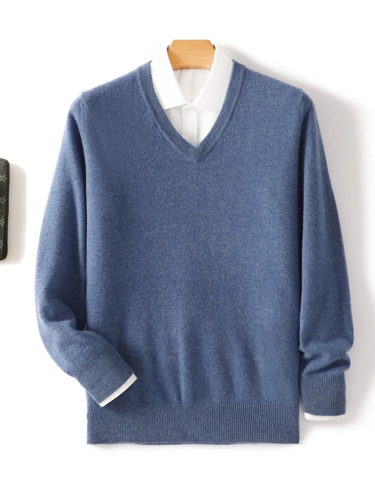 

Men's 100% Merino Wool Cashmere V-neck Sweater Pullover Smart Casual Basic Long Sleeve Thick Knitwear Clothes Tops Autumn Winter