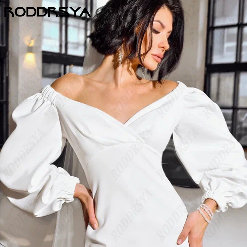 RODDRSYA Elegant Long Puff Sleeve Wedding Dresses For Women Romantic V-Neck Bridal Party Zipper Back Bride Gown свадебное платье