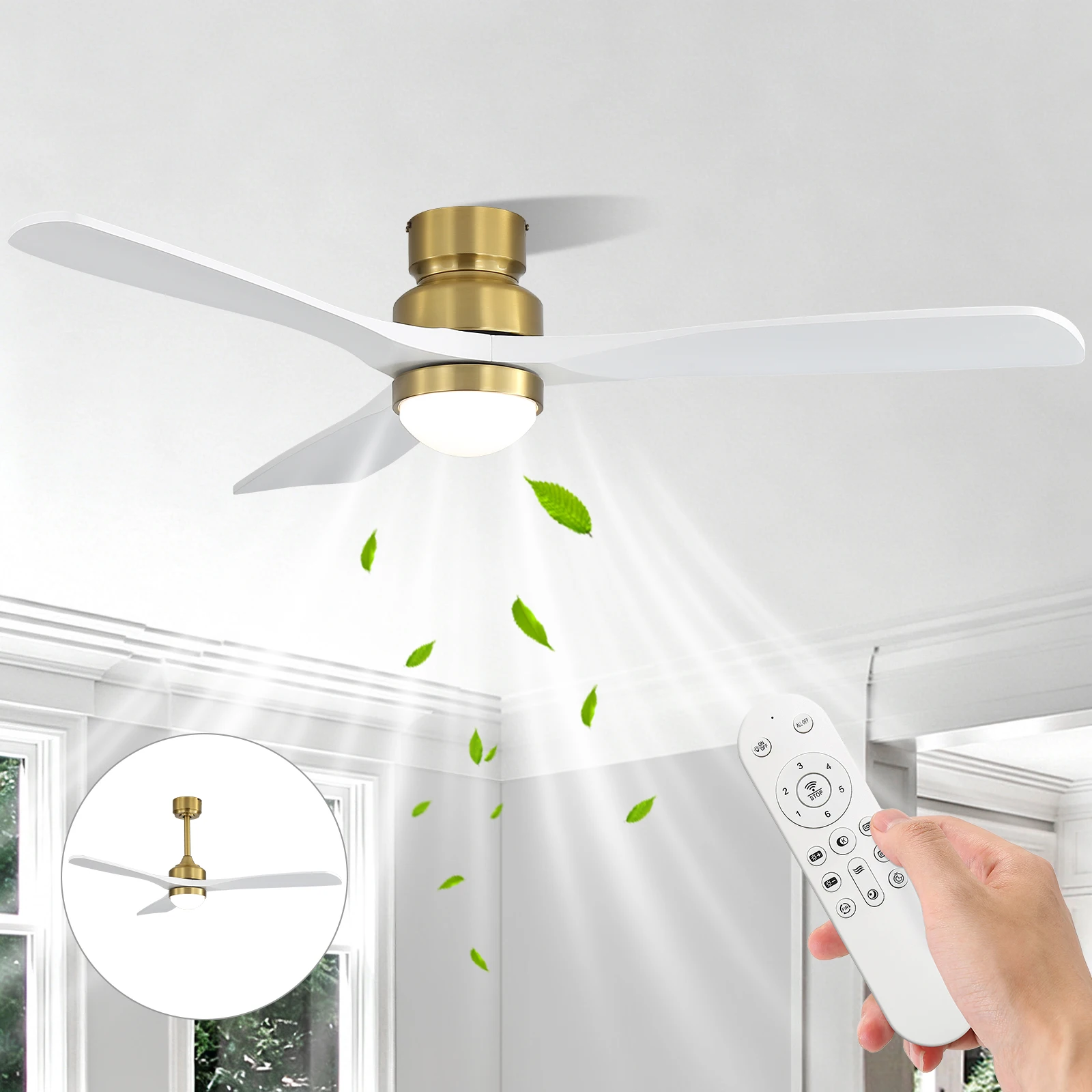 52 Inch Ceiling Fan with Light and Remote, Quiet DC Motor, 3 Color Dimmable, Flush Mount/Downrod for Bedroom & Living Room