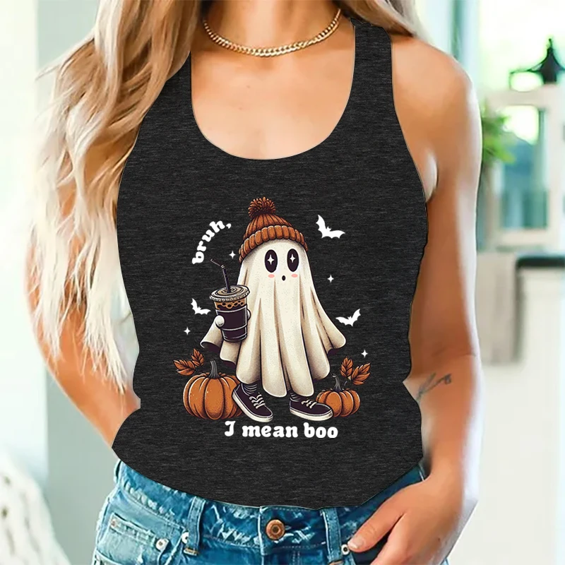 Bruh I Mean Boo Graphic Tanks Women Vintage Ghost Coffee Lover Racerback Tank Top Halloween Pumpkin Ghost Drinking Coffee Tops