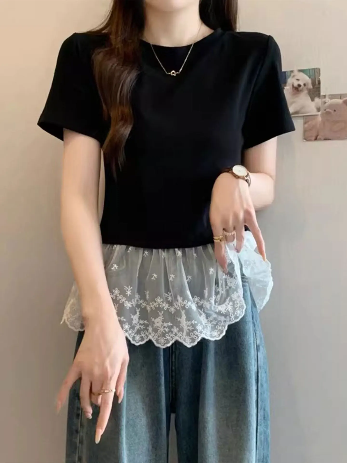 

Lace Splice Ruffle Short Sleeve T-Shirt Women's plus Size Summer Trendy Age-Defying Base Shirt Top Casual Style Universal Fit...
