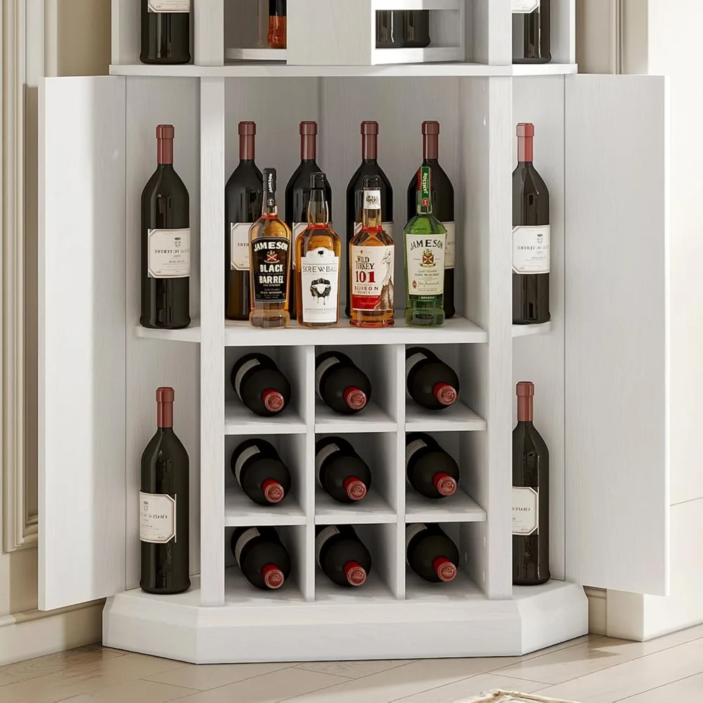 VOWNER Corner Wine Cabinet with Rotating Glass Wine Rack, Farmhouse Bar Storage Cabinet with Cup Holders, Home Bar Cabinet for