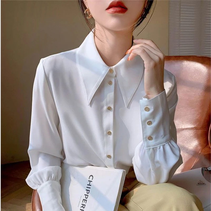 Fashionable Pointed Neck Retro Shirt Long Sleeved Top Women Design Sense Niche French Shirt Autumn and Winter New White