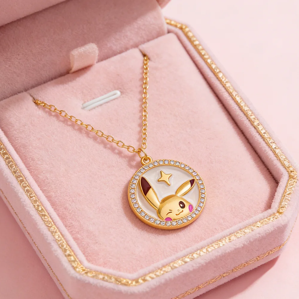 Kawaii Winking Pikachu Crystal Round Necklace Gold Color Anime Pokemon Pendant Jewelry for Daily Wear & Gift - view 2