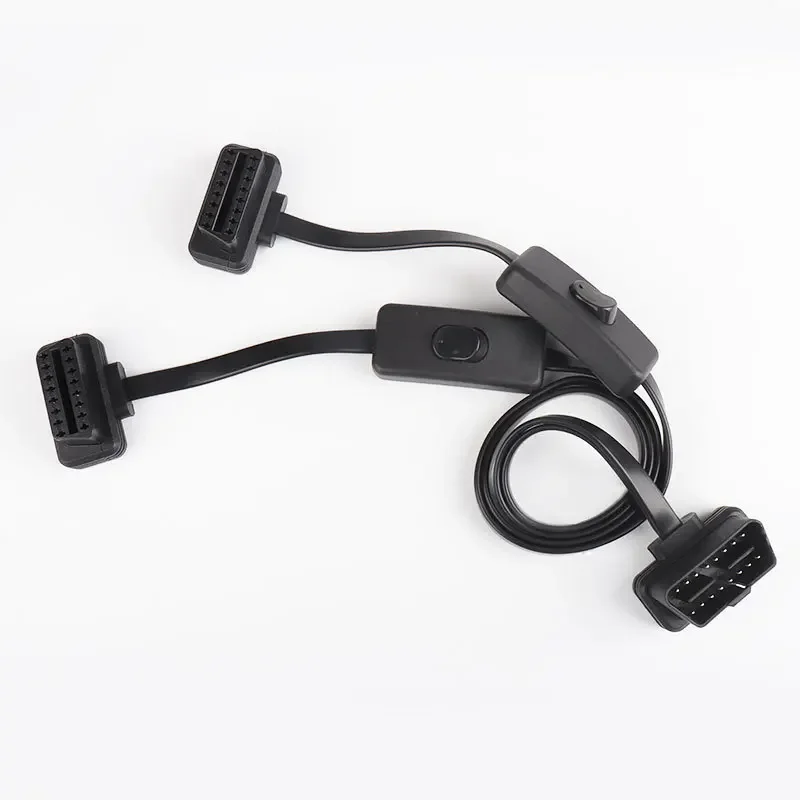 60CM Long OBD2 16Pin with Switch Extension Cable Flat Wire One In Two Adapter Auto 1 Male to 2 Female OBD 16 Pin Convert Plug