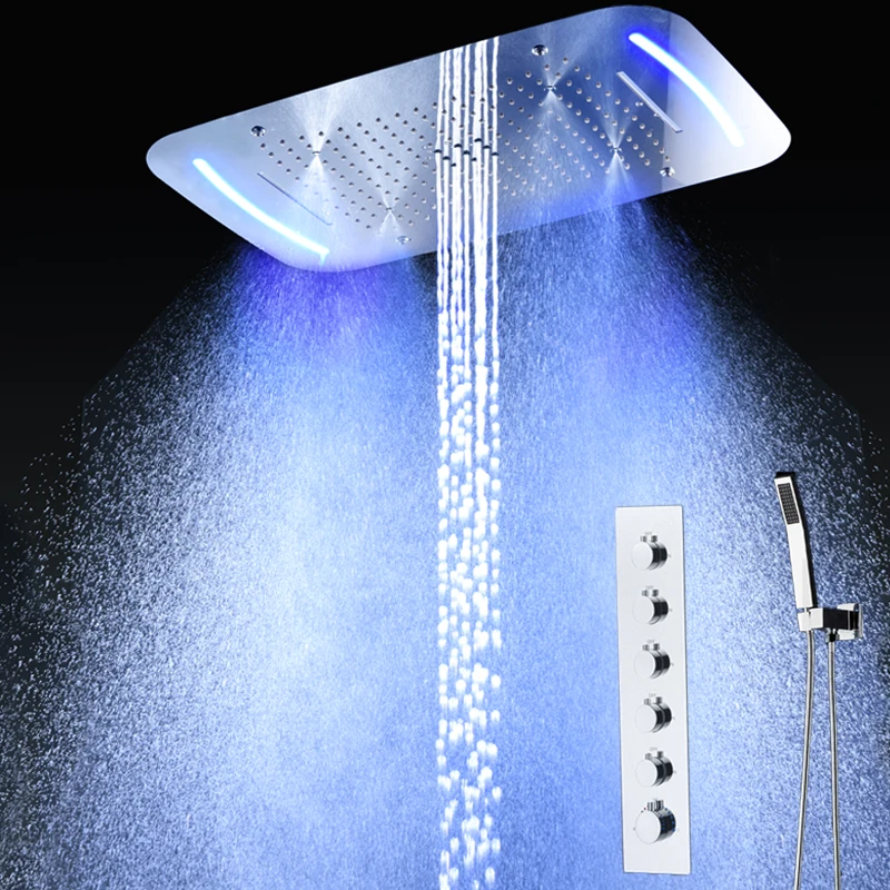 Recessed Ceiling 5 Functions Shower System LED Rain Mist Waterfall Bubble Showerhead Thermostatic Faucets Highl flow