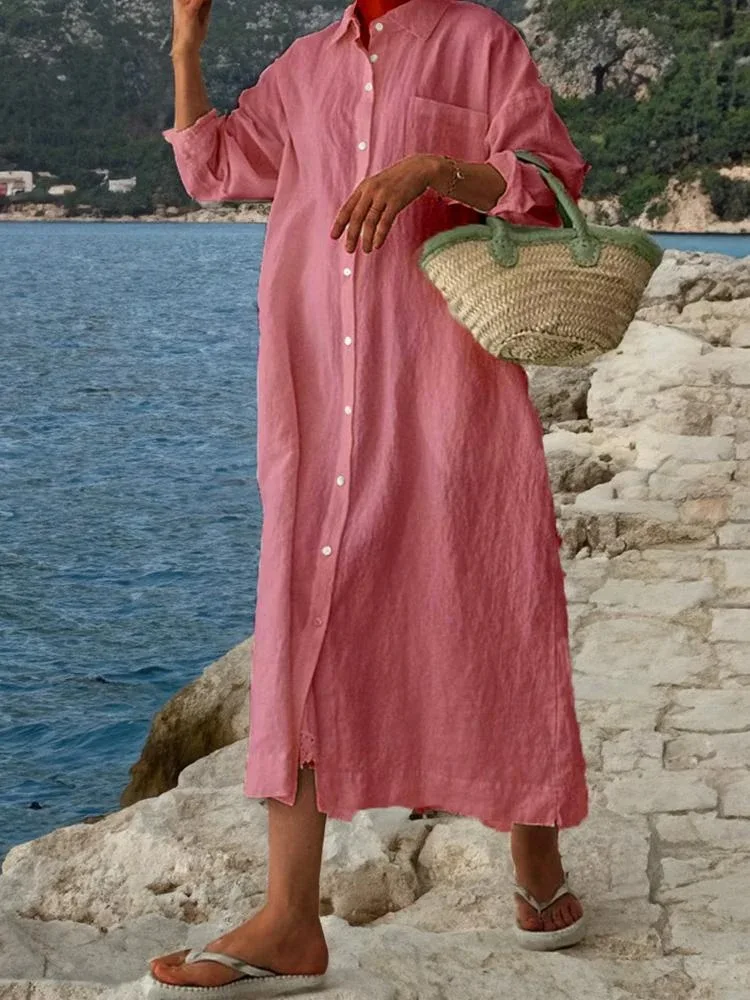 ใหม่ 2025 ฤดูร้อนผู้หญิงผ้าฝ้ายลินินเสื้อชายหาดสไตล์เสื้อกระโปรงพลิกคอยาวแขนยาวป้องกันแสงแดด Robe