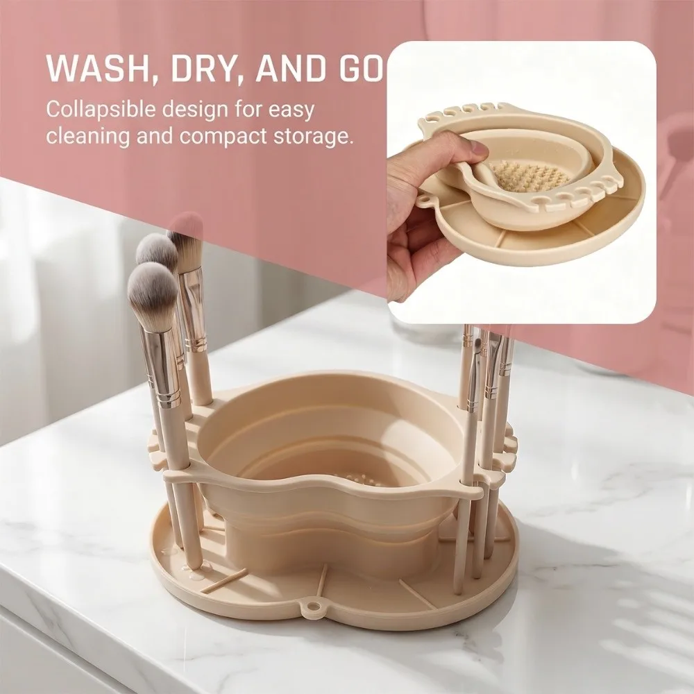 Collapsible Silicone Makeup & Artist Brush Cleaner with Textured Base Heart-Shaped Drying Rack & Storage Tray Thickened