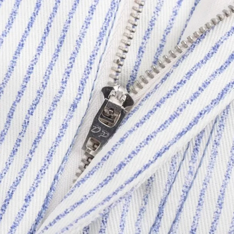 Casual Stripes สั้นกางเกงภาษาฝรั่งเศสคํากางเกงขาสั้นฤดูร้อนกางเกงหลวม Lady กระเป๋าเสื้อผ้าผู้หญิงสีขาว Office Streetwear