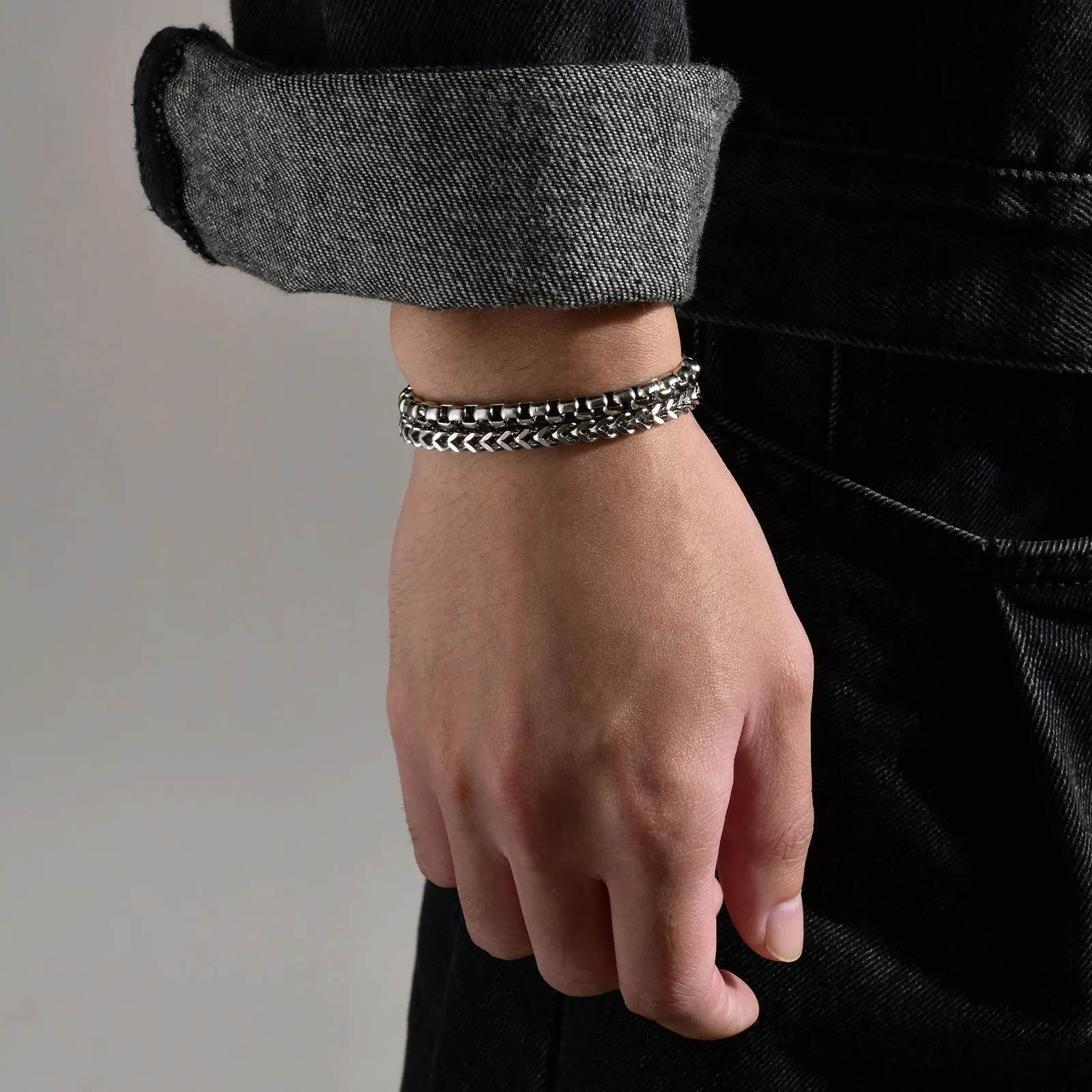 Men\'s 9mm Wide Double Layered Chain Stacking Bracelets,Waterproof Stainless Steel Franco Foxtail Box Link Chain Wristband Gift