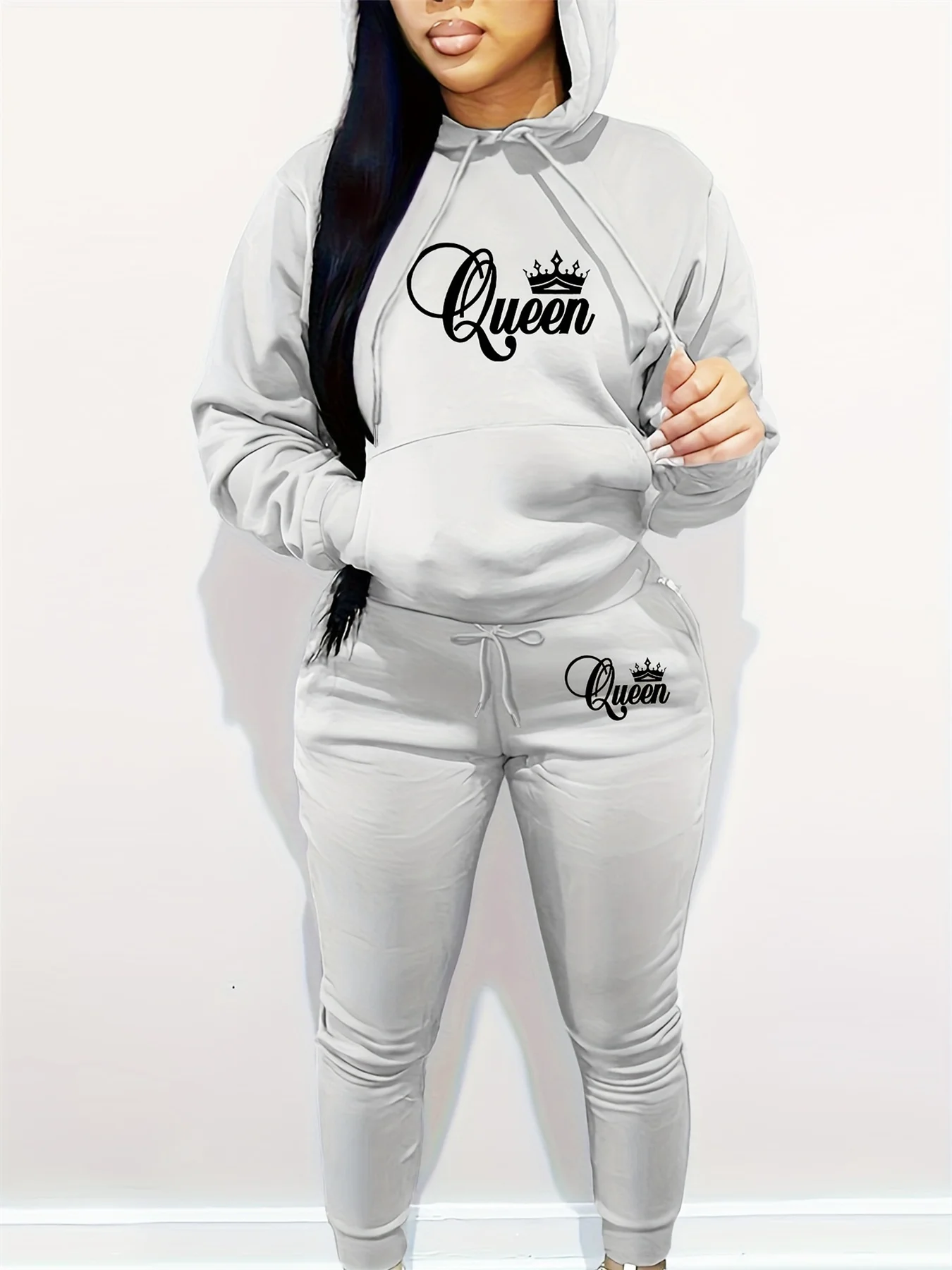 Ensemble sweat à capuche + pantalon de sport pour femmes, Hip Hop Street, décontracté, reine, lettre imprimée, chemise de sport ample, vêtements chauds en polaire, automne