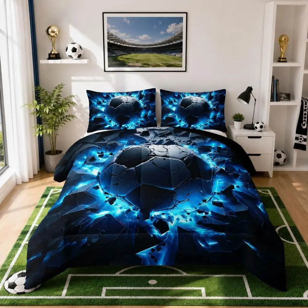 

Soccer Themed Queen Bedding Set for Kids and Adults, Blue and Black Football Print, 3-Piece Comforter with Pillowcases