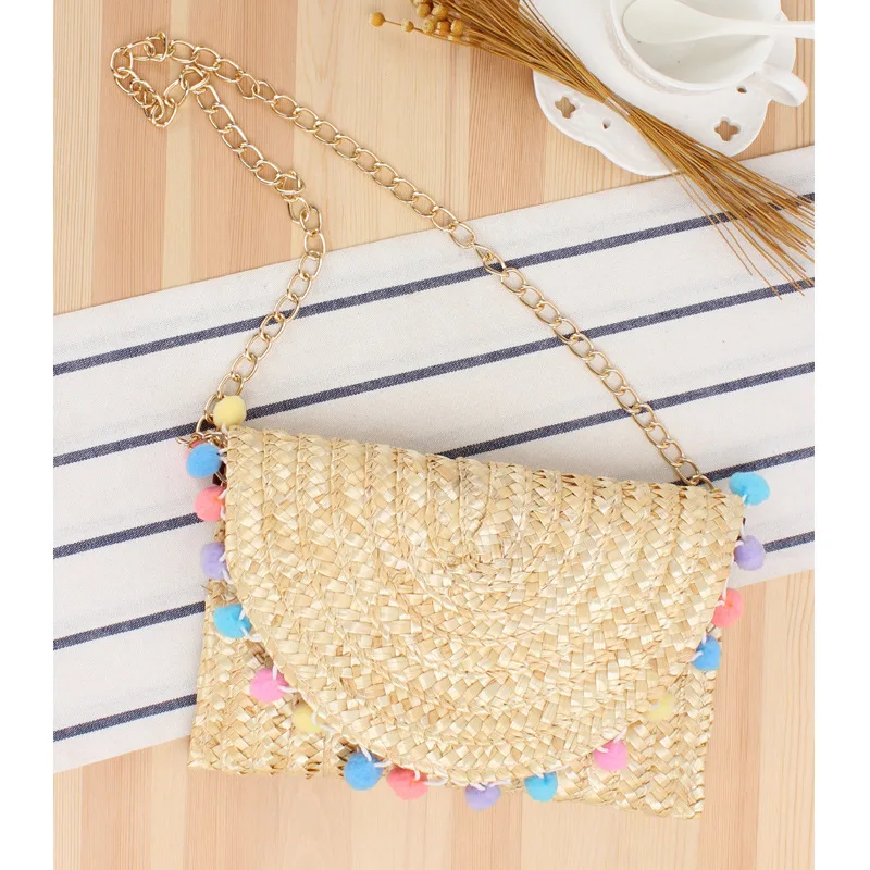 Beach Casual Women's Bags Large Capacity Straw Woven Cute Travel Shoulder Bag with Lovely Ball Decoration