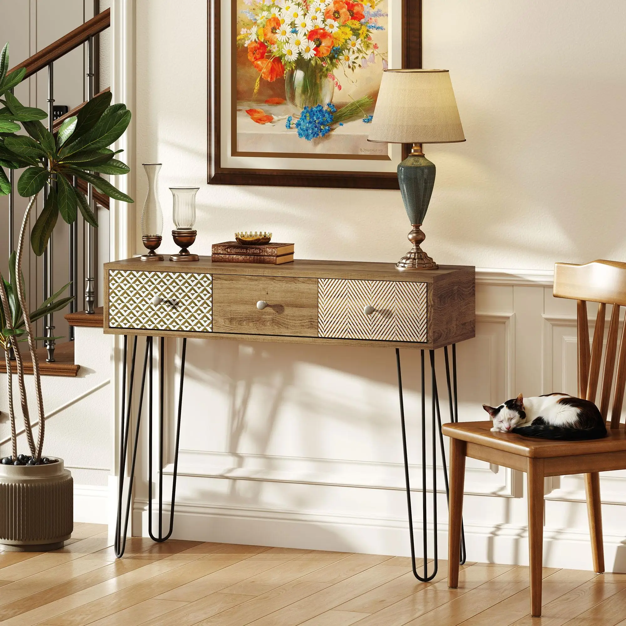 Mesa consola HOMCOM con 3 cajones, patas de acero tipo hairpin, 90x30x75cm Marrón