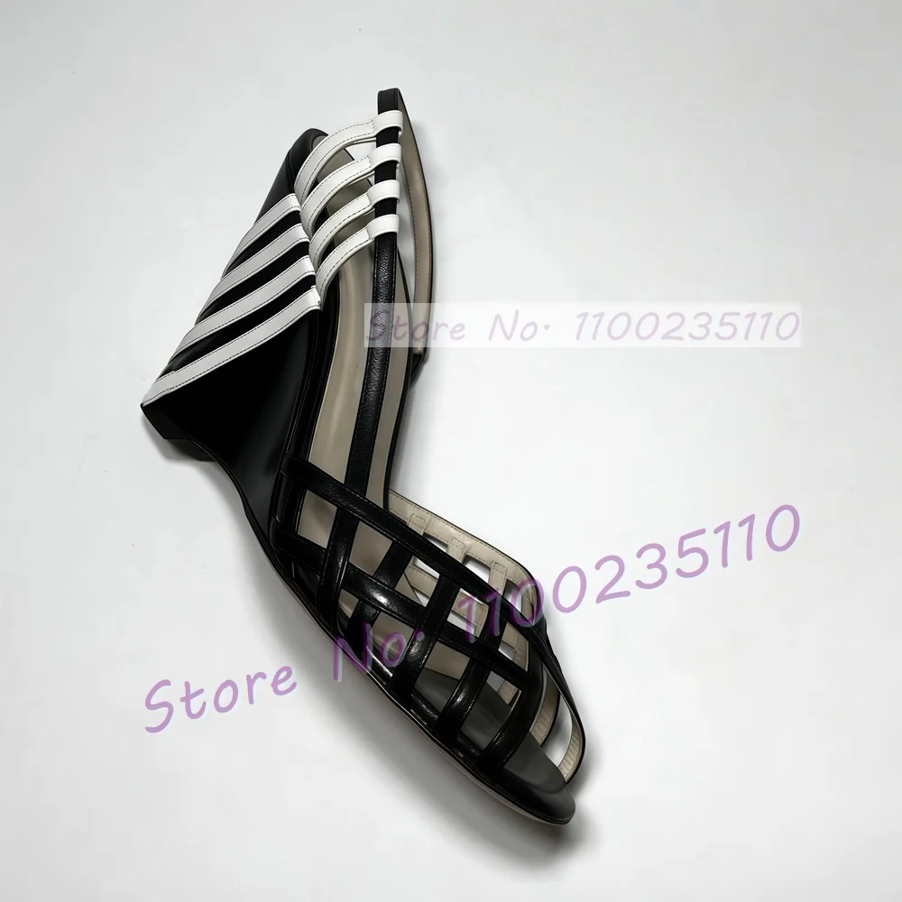 

Peep Toe Caged Wedge Sandals Female Sexy White Stripe Decor Back Strap High Heels Party Trendy Cross Strap Two Tone Chic Sandals