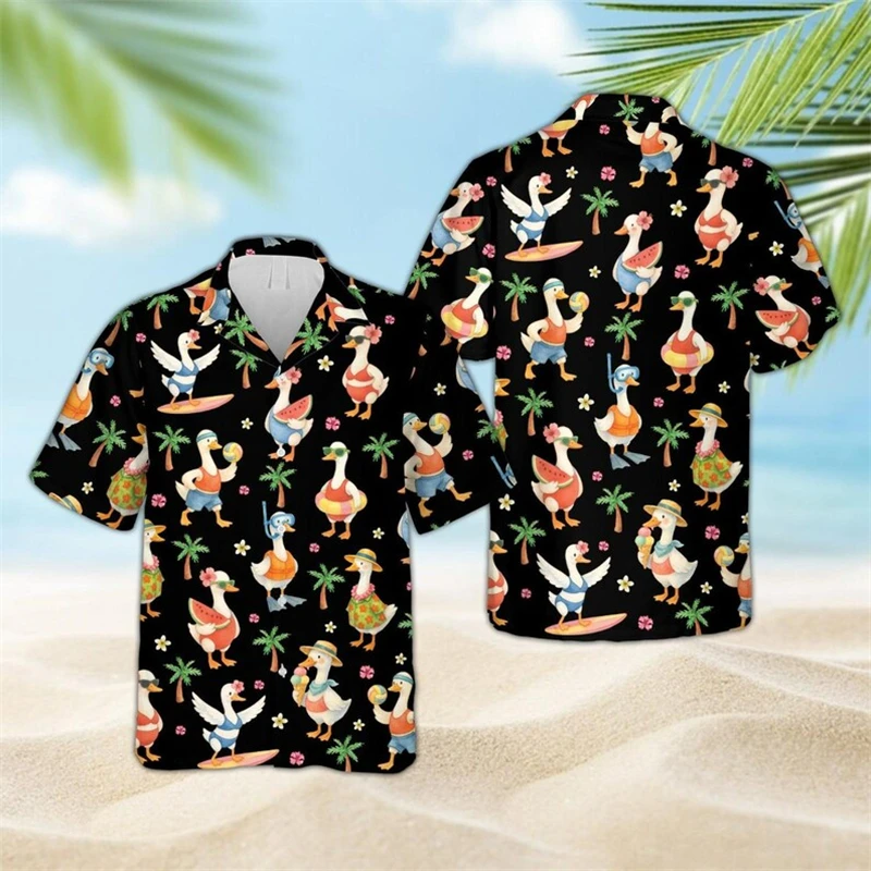 Full Print Cartoon Duck Design Button Shirt Unisex Short Sleeve Lapel Leisure Beach Summer Hawaiian Shirts Funny Children Top