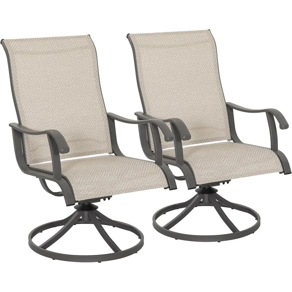 

2 бежевых всепогодных поворотных обеденных стула с подлокотниками для улицы, двора, террасы или зоны у бассейна