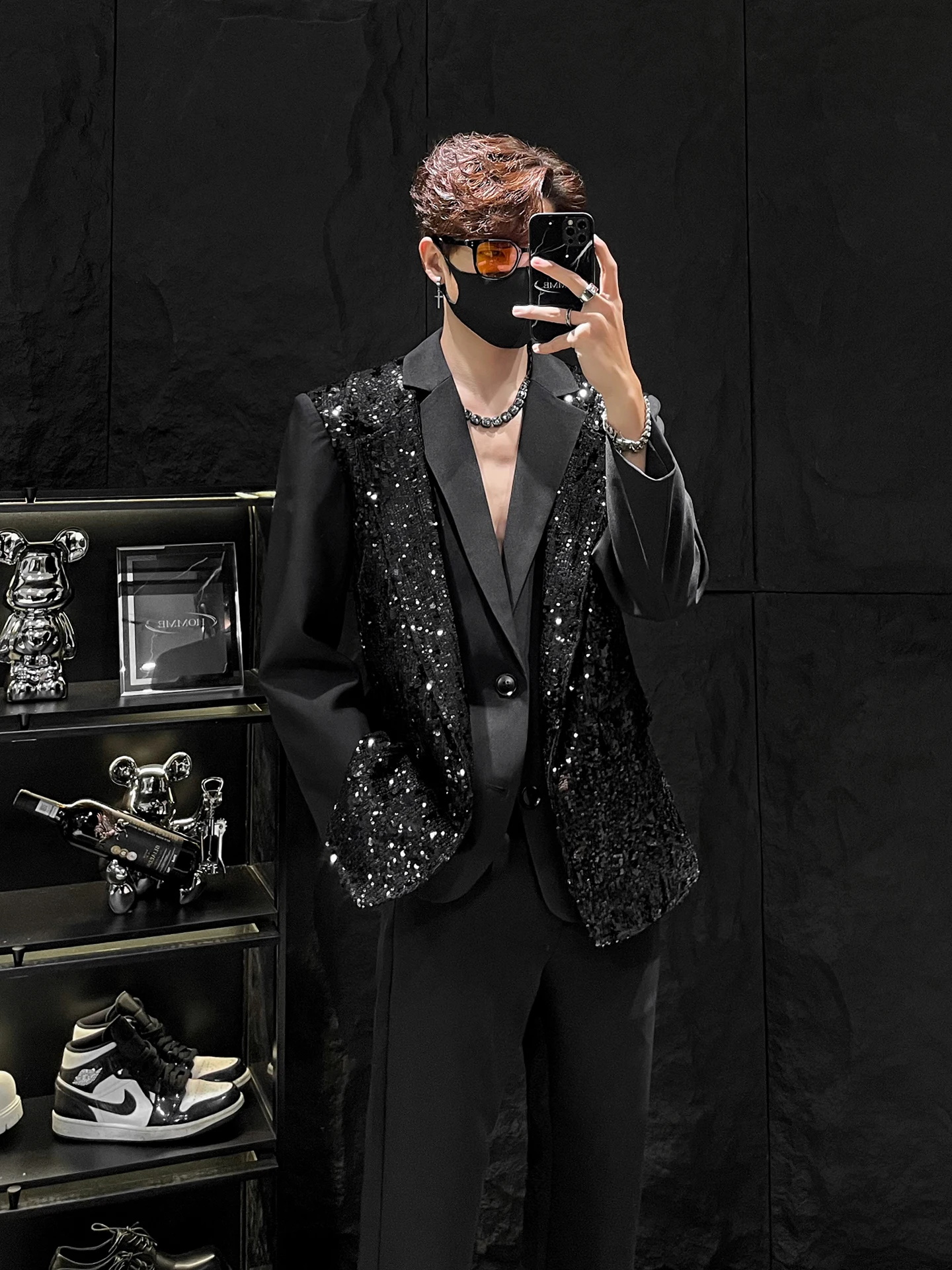 

Heavy Embellied Patchwork Casual Men's Suit Jaet Loose Fit round Hemline Long Sve Flat Collar Two Button Closure Outer...