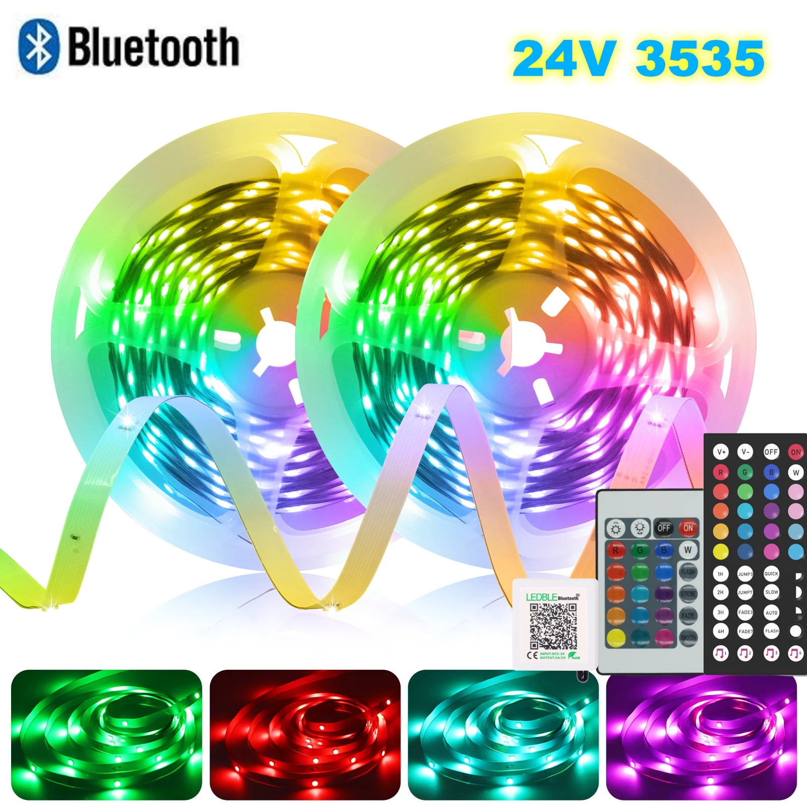 24V APP RGB LED Light Strip 3535 10M/20M/30M/40M Bluetooth Color Changing Tape Rope With 24Key 44Key Remote Control Power Kit