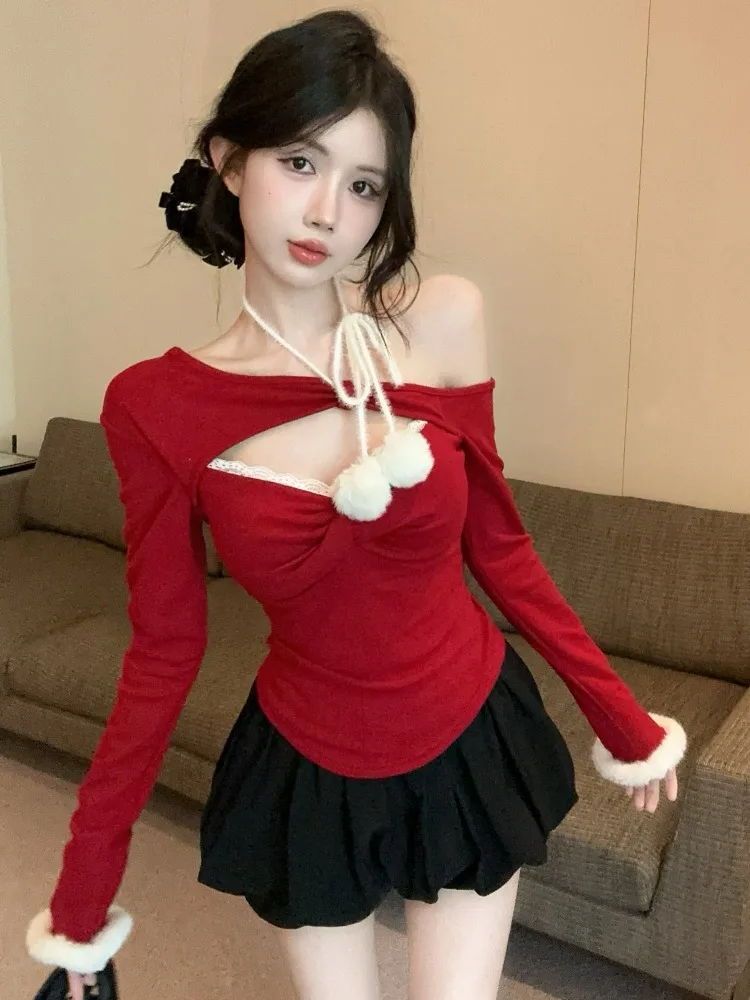 

Christmas Style Fleece Lined Hollow out Bow Tie New Year Red Ball Base Shirt Women's Knitted Top Breathable Winter Long Sleeve