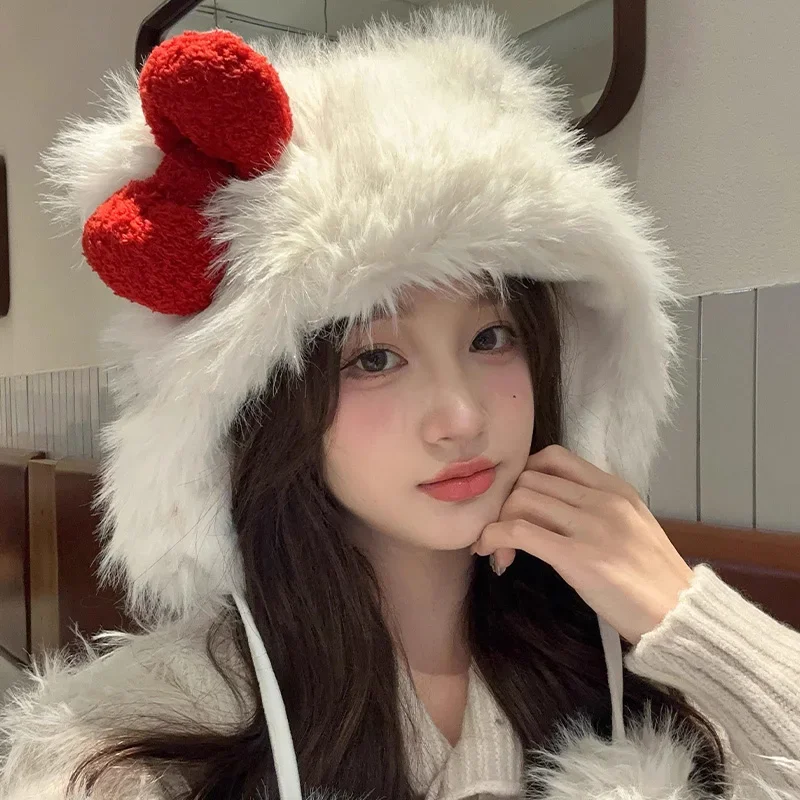 Winter White Plush Caps Red Bow Cute Cat Ear Women Warm Protection Ear WindProof Hat Soft Fashion Accessories Girls Fluffy Hats