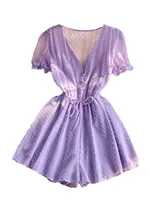 2025 Summer Women Playsuit Polka Dot See Through Thin Beach Rompers Sexy V-neck Short Sleeve Drawstring Sash Slim Waist Overalls - Image 6