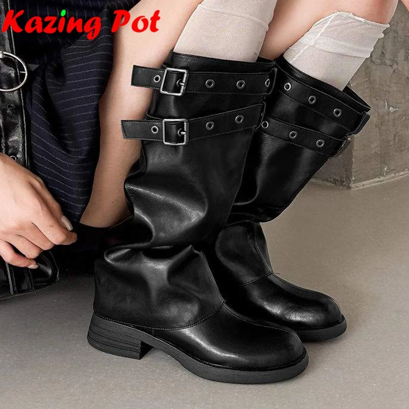 Krazing Pot Genuine Leather Punk Style Keep Warm Winter Shoes Thick Med Heels Model Catwalk Slip On Metal Buckle Knee-high Boots