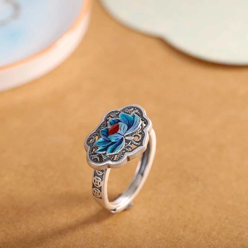 New Chinese style Retro Hollowed Out Blue Lotus Flower Ring Fashionable and Versatile Thai Silver Rings for Women KOFSAC