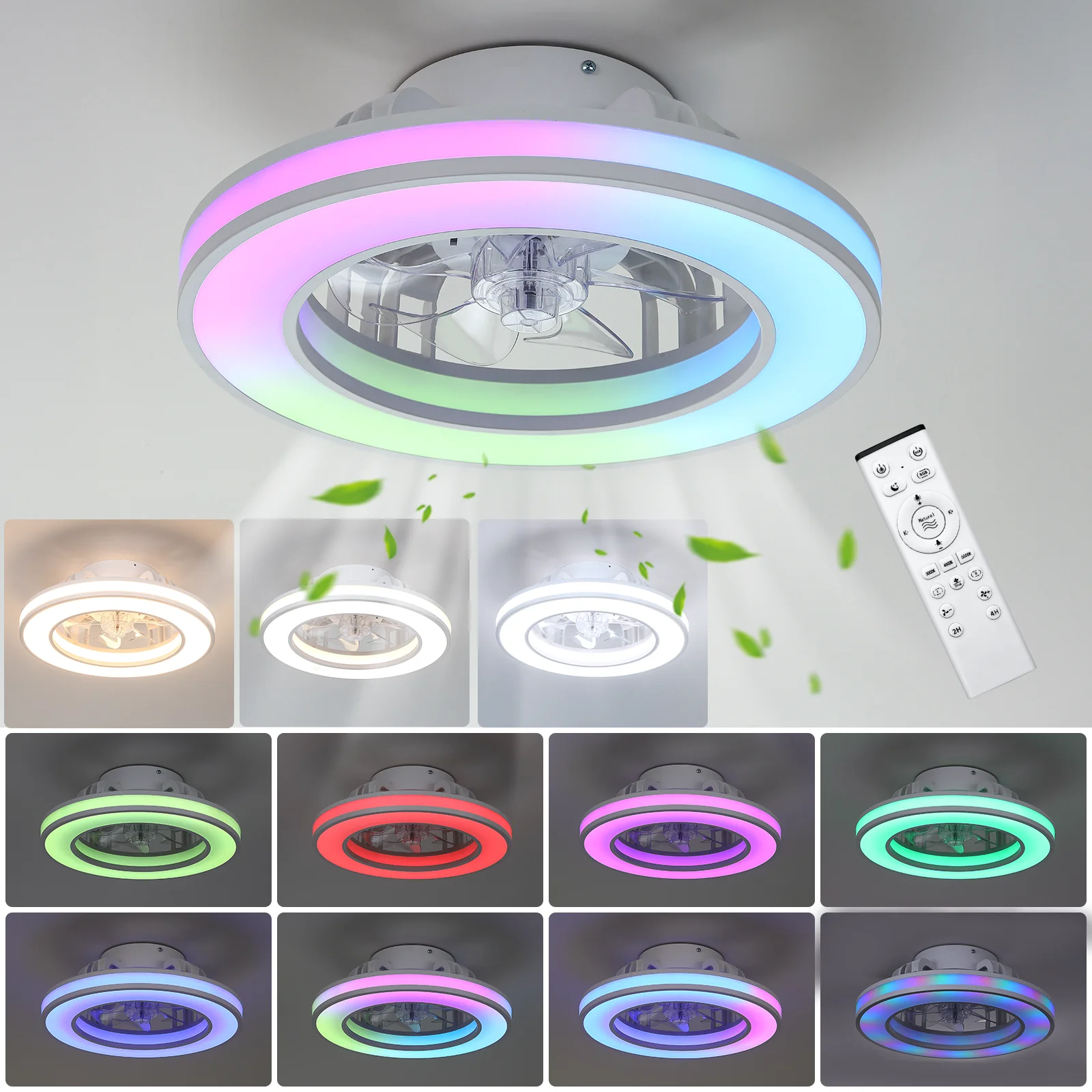 

16 Inch Compact Ceiling Fans With LED Lights And Remote Control, RGB + Multi-Colors + 3 White Colors, DC Quiet Motor, Dimmable