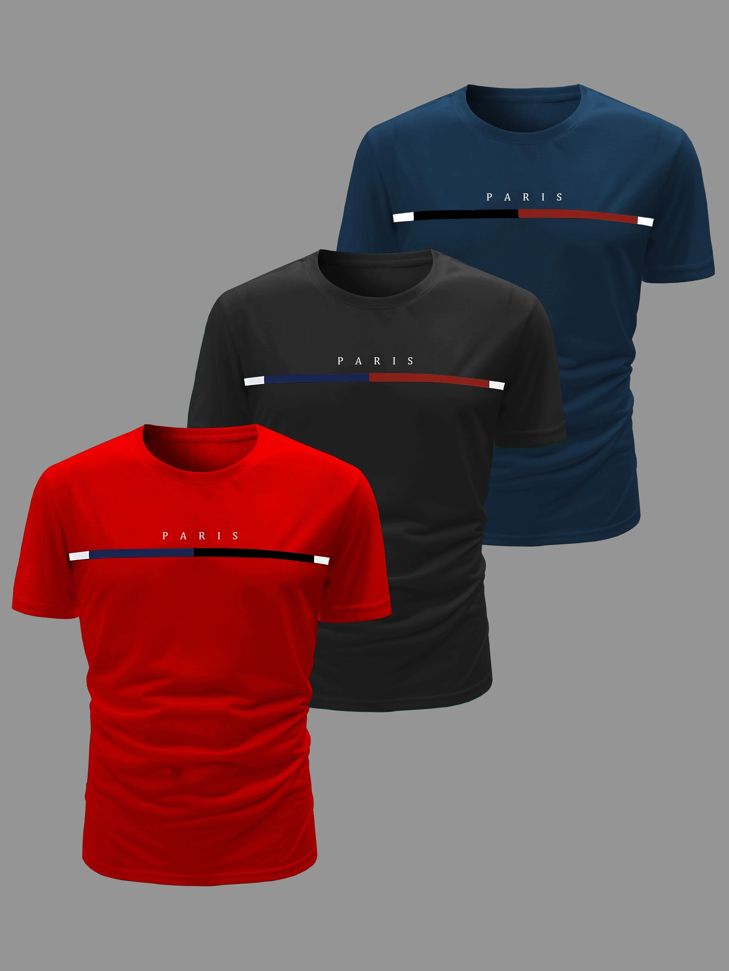 

[Великий вариант, многоцветный комплект из трех предметов] Мужской весенне-летний и осенний комплект с короткими рукавами и буквенным принтом в цветную полоску «PARIS»