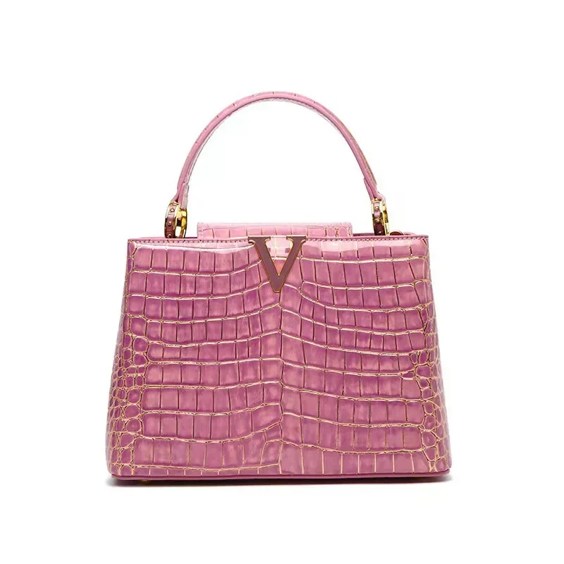 

New Genuine Pink Leather Trendy Crocodile Pattern Luxury Cowhide Bag Women's Bag Crossbody Bags Handbag