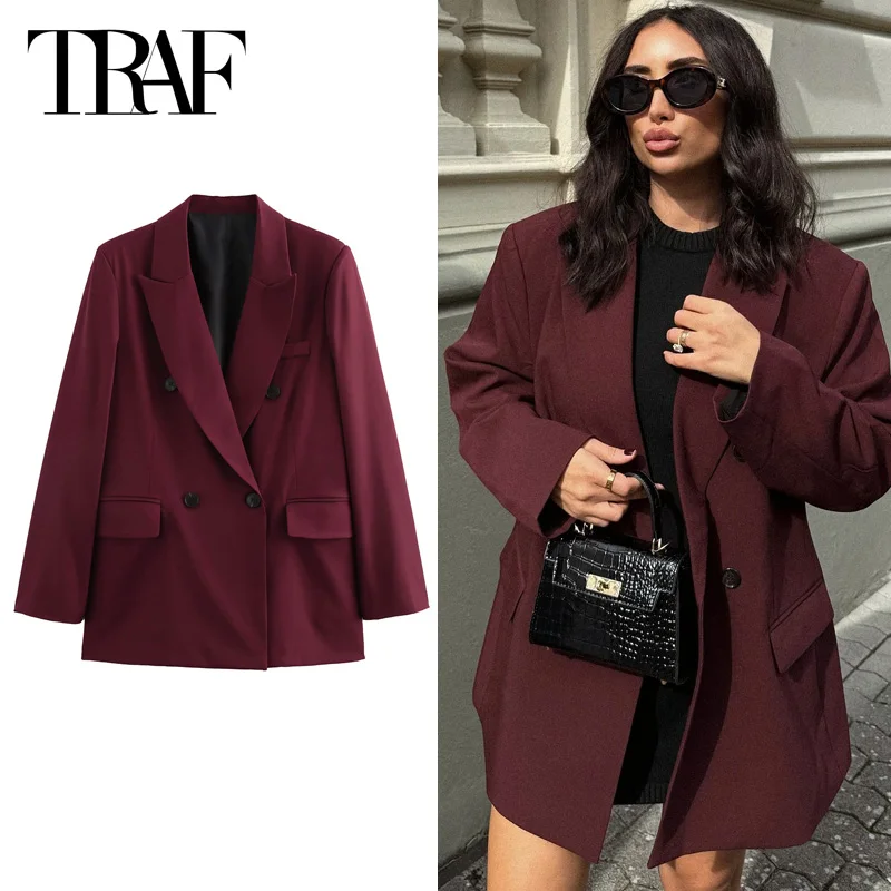 HXAO Women's Blazer Office Wear Women Burgundy Blazers Outerwears Autumn Women's Suit Jacket Red Long Sleeve Coats Blazer Mujer