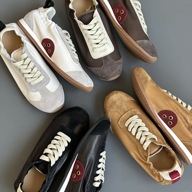 

Maxdutti Vintage Patchwork Genuine Leather German Training Shoes Handmade Cowhide Elastic Vulcanized Woman Shoes Sneakers