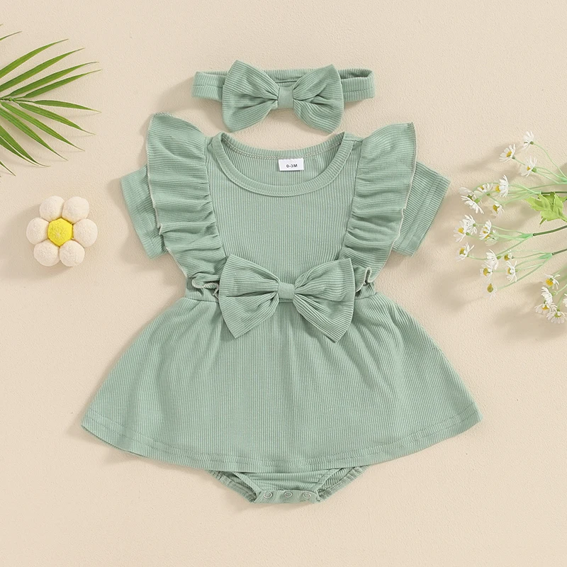 Infant Baby Girl Romper Dress Solid Color Ribbed Ruffled Short Sleeve Round Neck Jumpsuit with Bow Headband Outfits Clothes