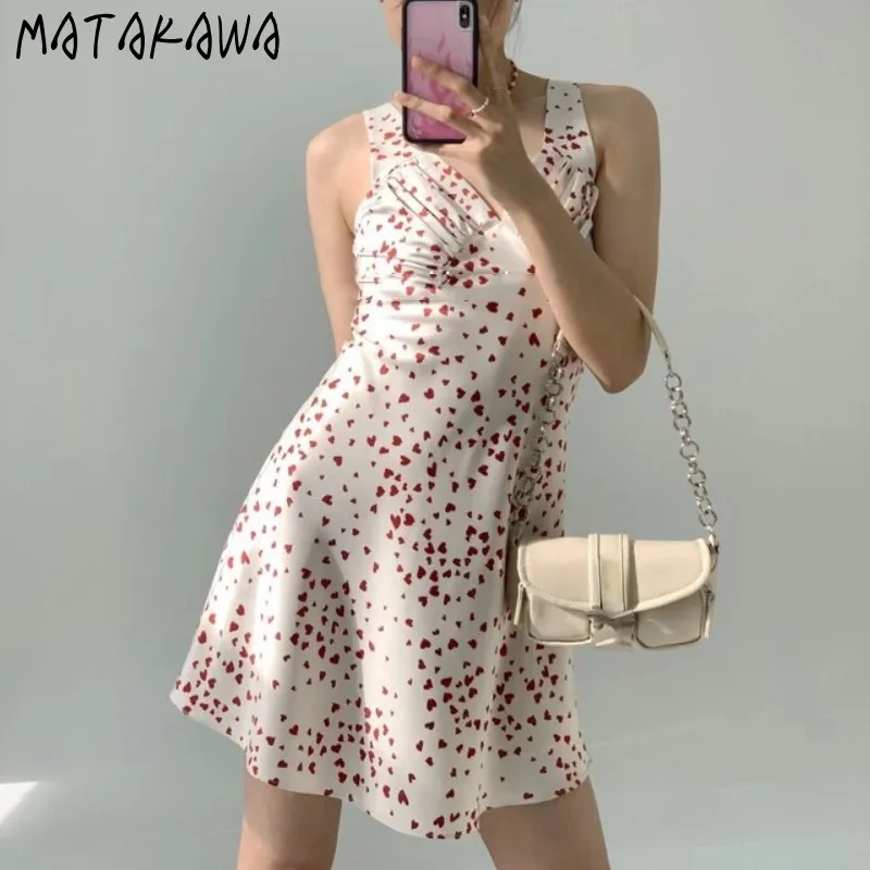 

Matakawa Y2k Print Love Women Dresses Spring Summer Retro Sweet High Waist Slim Vestidos Mujer Korean Fashion V Neck Mini Dress