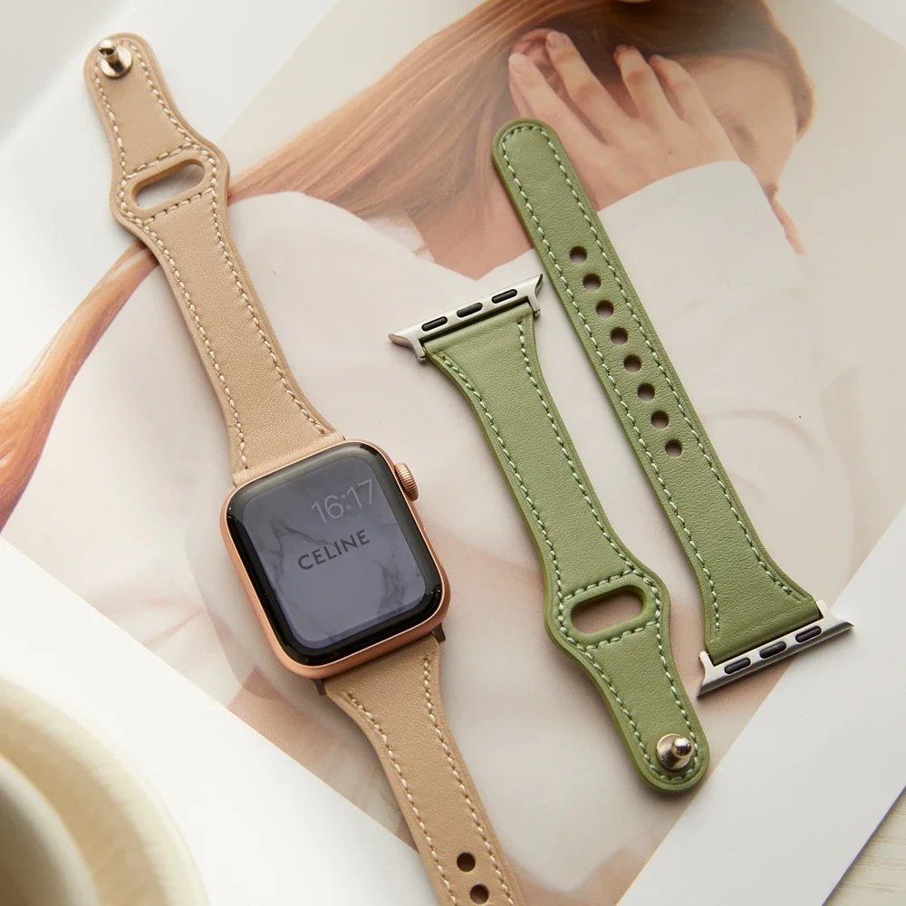 Apple Watch 밴드 살구 여성용 멋진 가죽 루프 42mm 44mm 45mm 46mm 스트랩 시리즈 Ultra 10/9/8/7/6 38mm 40mm 41mm