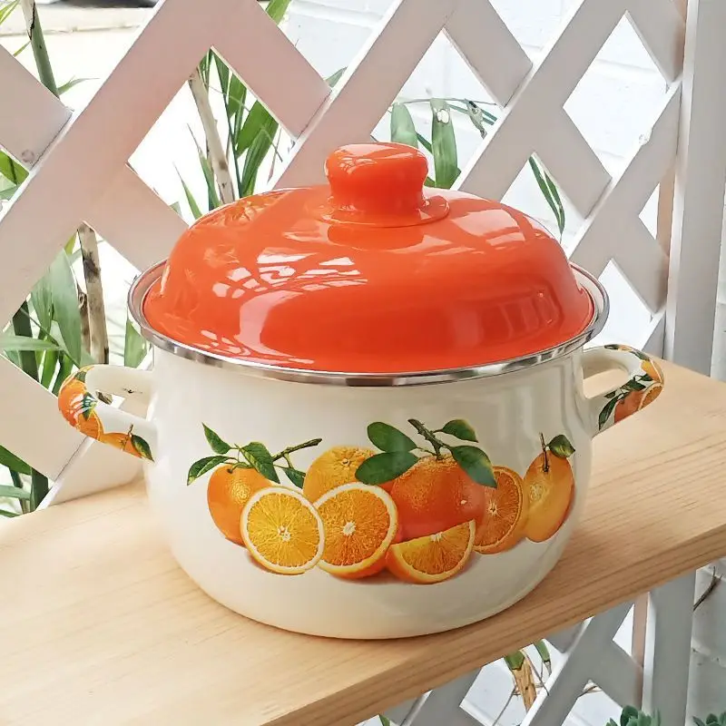 Orange Enamel Stew Pot, Hotpot, Cooking Pot, Kitchen Stuff for Kitchen Cooking Pans, Induction Open Flame, Universal