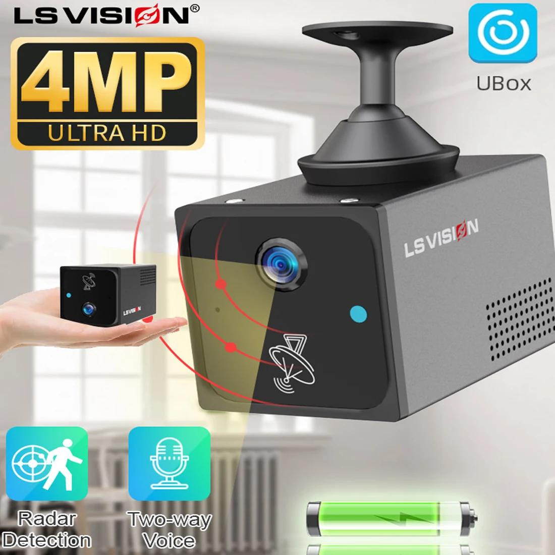 

LS VISION 4MP 4G Sim Mini Camera Wifi Battery CCTV Security Baby Camera Intercom Radar Detection Surveillance IP Camera Ubox