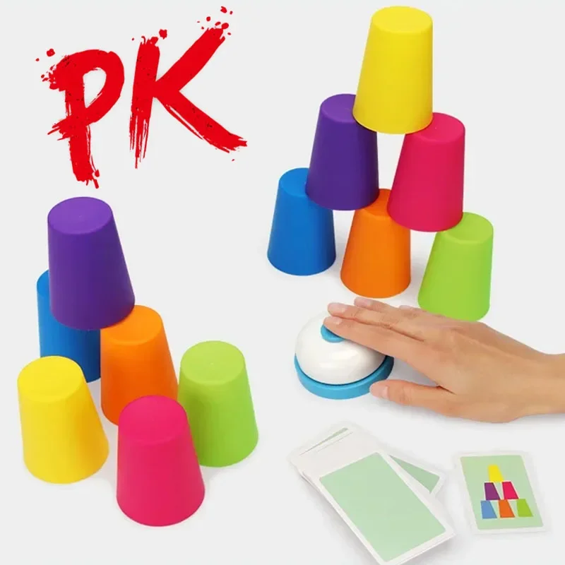 Kids Montessori Toys Stack Cup Battle Table Game with Card Educational Intellectual Enlightenment Color Cognition Logic Training